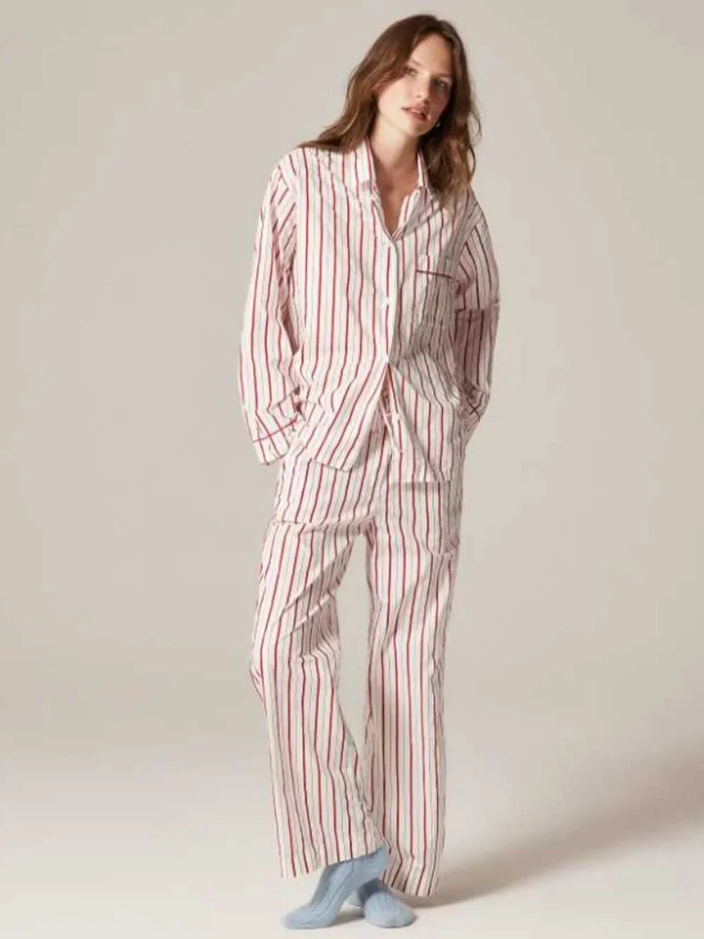 New L J.Crew cotton poplin long-sleeve pajama pant set in peppermint stripe red